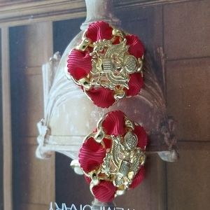 Ellen Designs Red Ribbon Gold Crest Clip On Earrings
